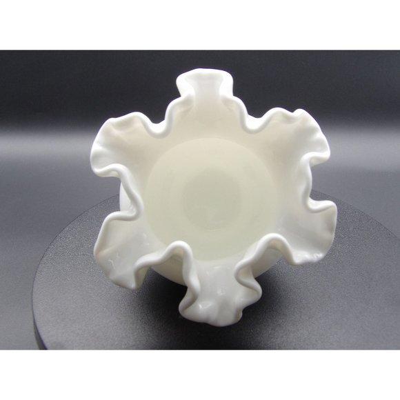 Vintage Glass Double Crimp Milk Glass Ruffled Rose Bowl Vase 5" W x 3 1/2" H - Picture 6 of 8